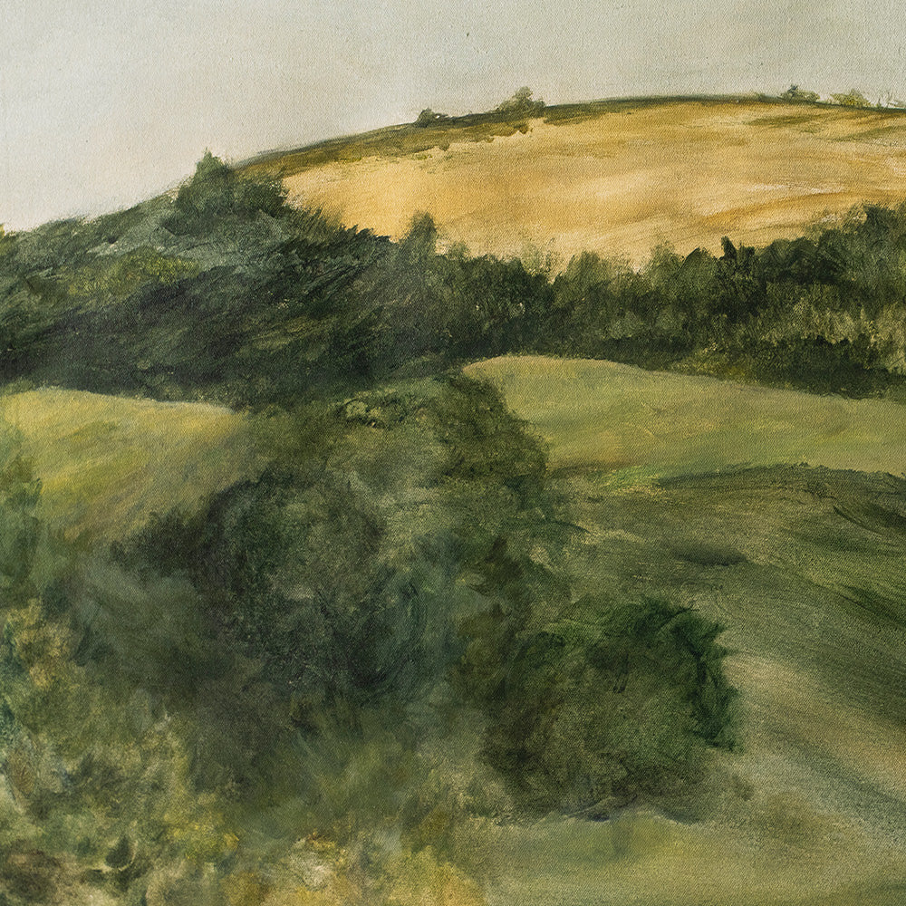 Close-up of a painting showing green rolling hills and a golden field in the Italian countryside