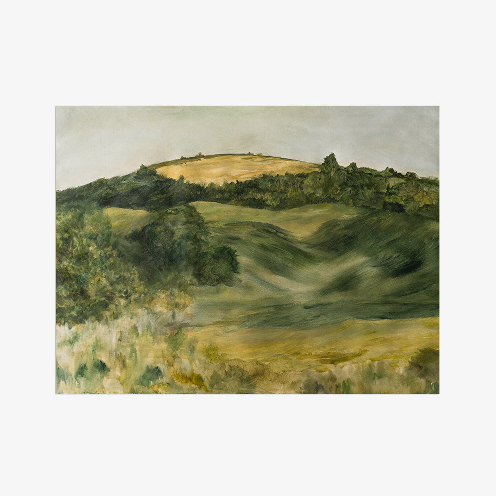 Painting of an Italian countryside with green rolling hills and a golden field under a light sky no frame