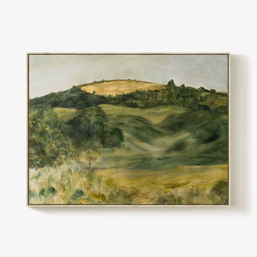 Country Hillside Italy painting a landscape with green and yellow hills and trees in a light wooden frame
