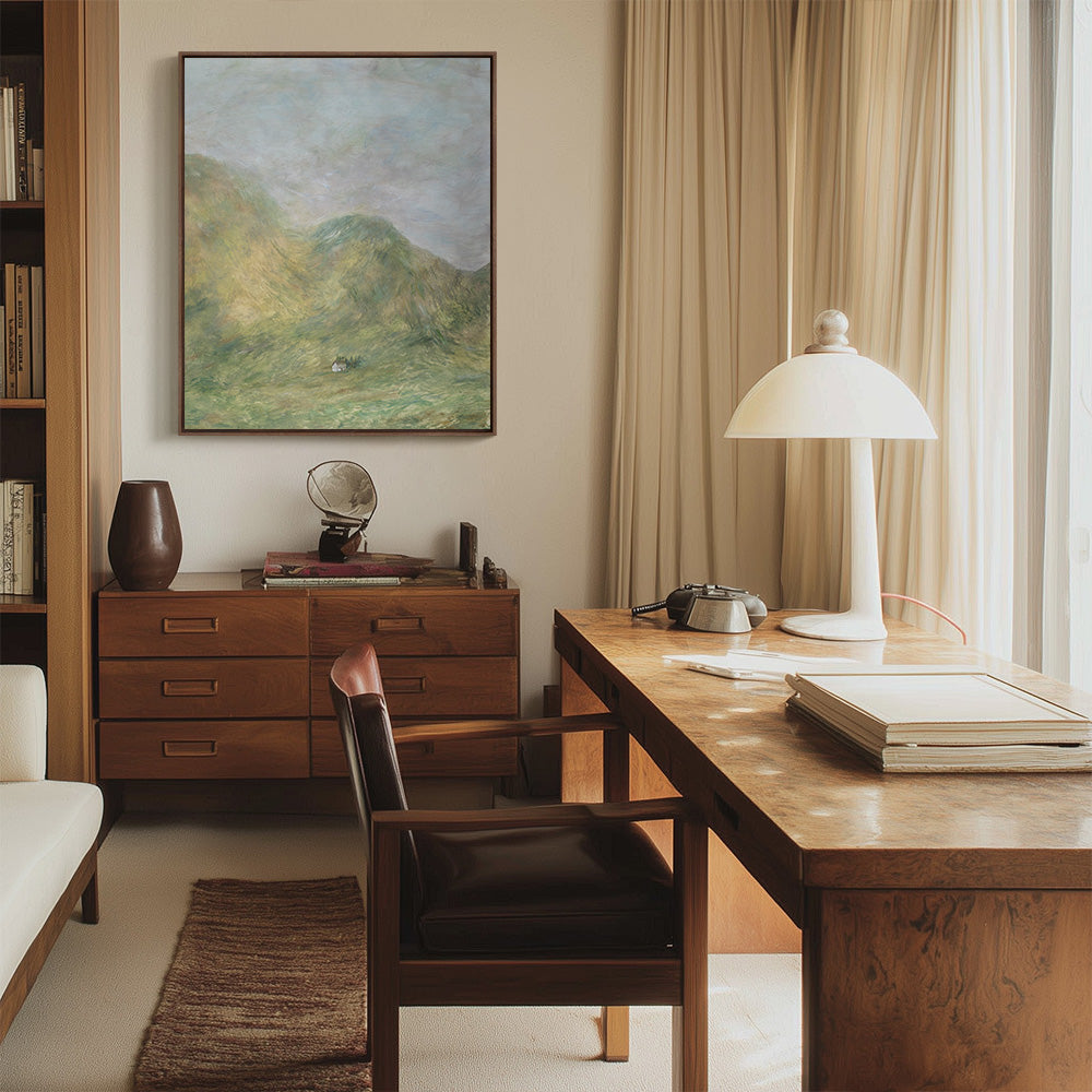 Office with a painting of a Scottish hillside above a credenza a wooden desk with a lamp and a window