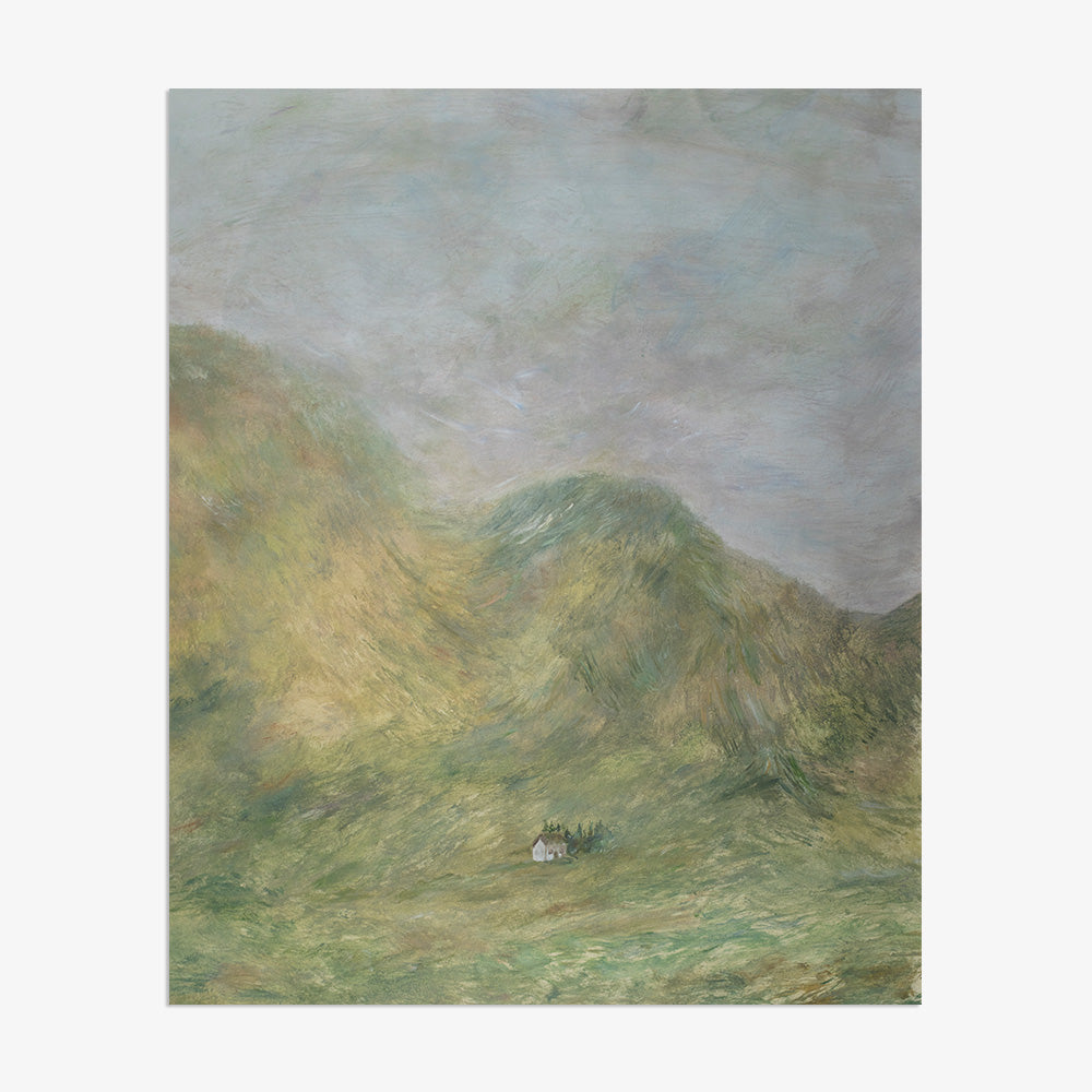 Painting of a Scottish hillside with green hills a small white house and a gray cloudy sky no frame
