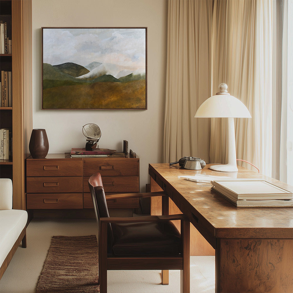 Landscape painting Country Hillside Tibet of hills and clouds hanging above a mid-century modern desk