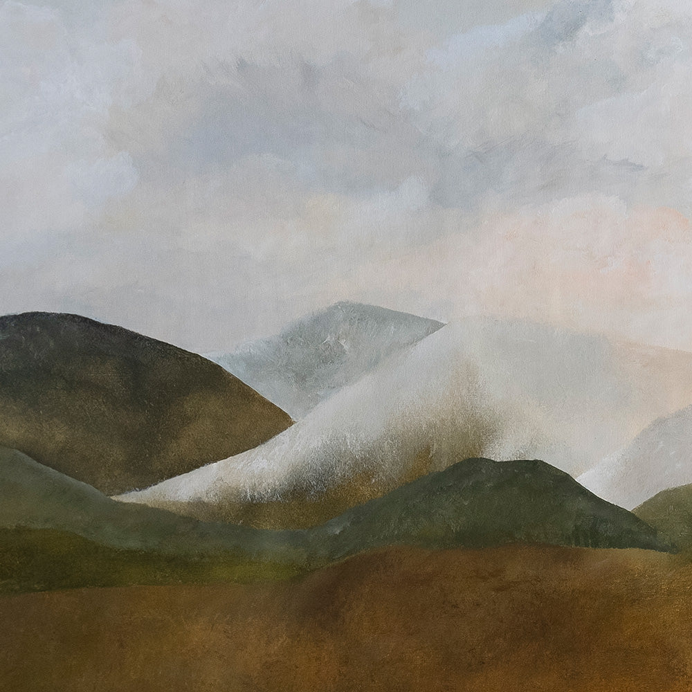 Close-up of Country Hillside Tibet painting showing green and brown hills with a light gray cloudy sky
