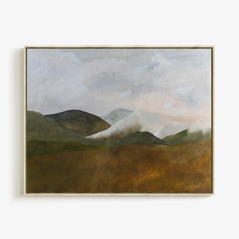 Landscape painting Country Hillside Tibet with rolling green and brown hills under a cloudy sky in a gold frame
