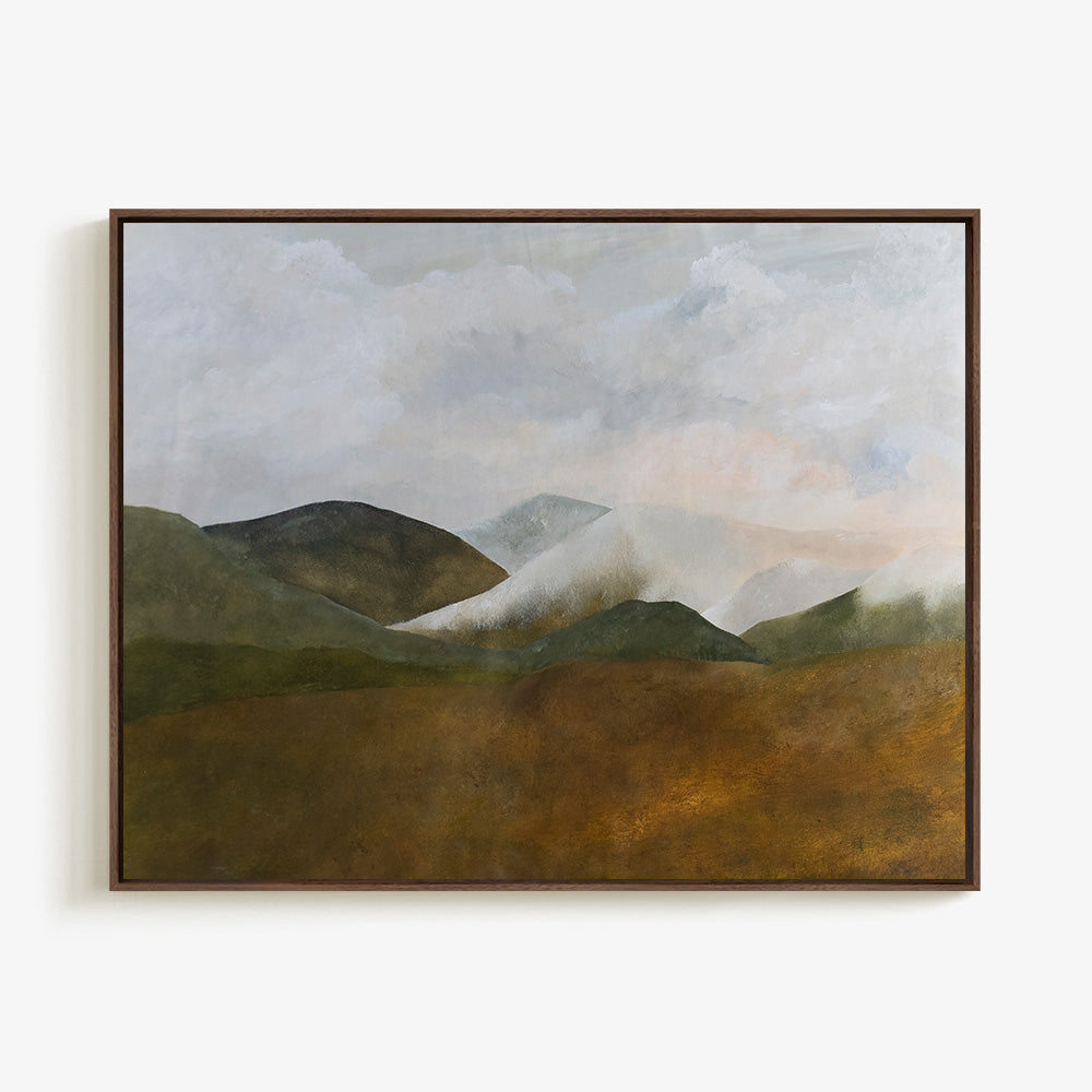 Landscape painting Country Hillside Tibet with rolling green and brown hills under a cloudy sky in a wood frame