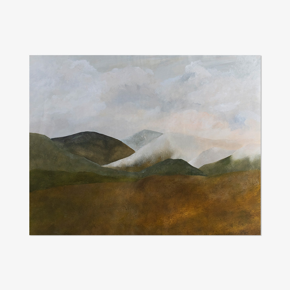 Frameless landscape painting Country Hillside Tibet with rolling green and brown hills under a cloudy sky
