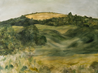 Landscape painting of textured green hills and a golden peak under a grey sky