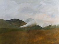 Abstract landscape print featuring muted green and brown mountain shapes beneath a soft cloudy sky