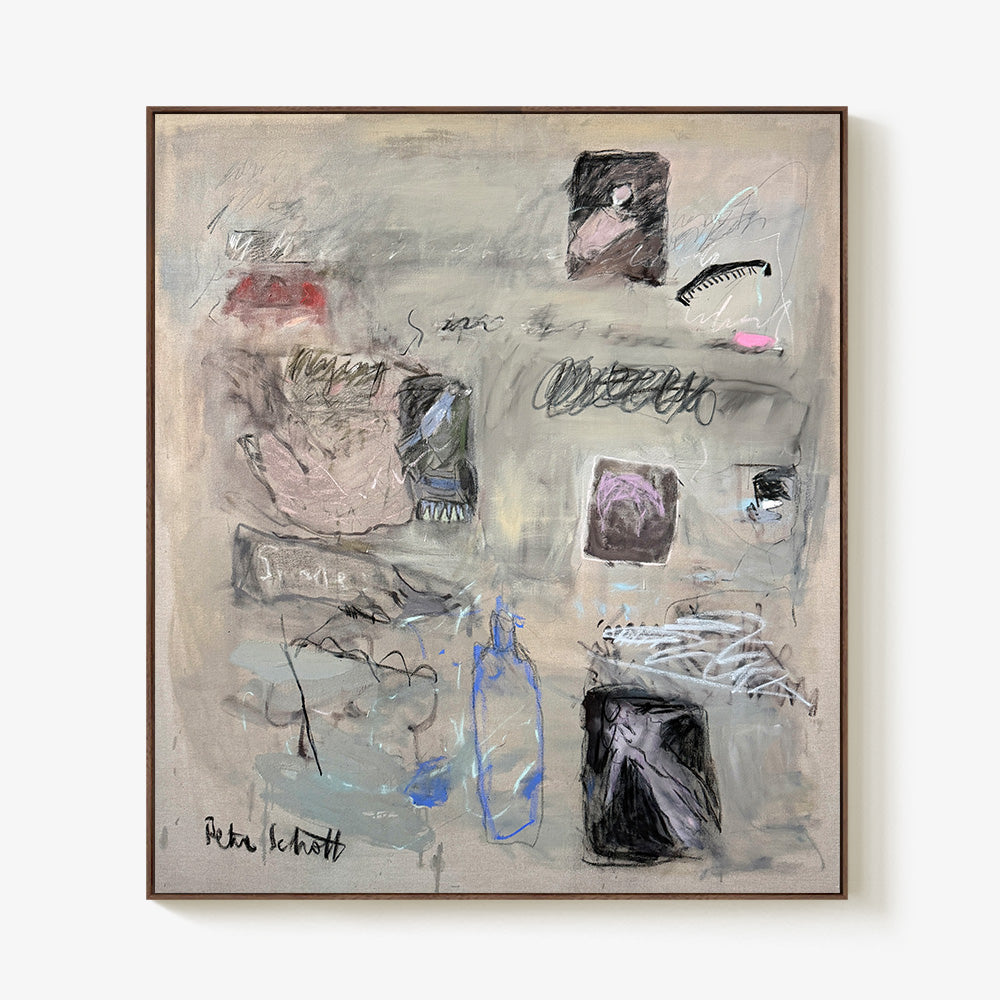 Abstract square painting on beige background with layered charcoal sketches a blue outline of a bottle and shapes