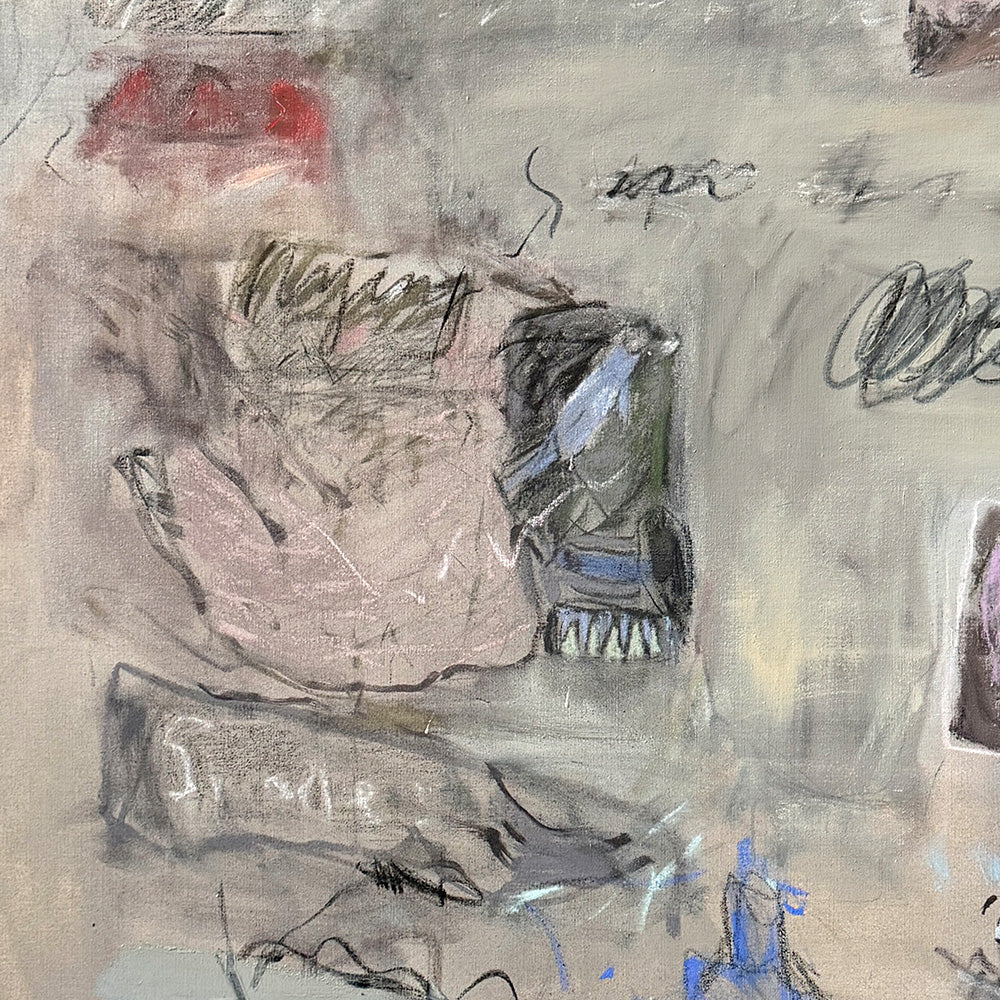 Close-up of abstract painting showing textured beige background charcoal mark-making and dark organic shapes