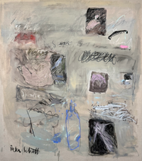 Abstract painting featuring layered charcoal drawings and gestural marks on a neutral textured beige background