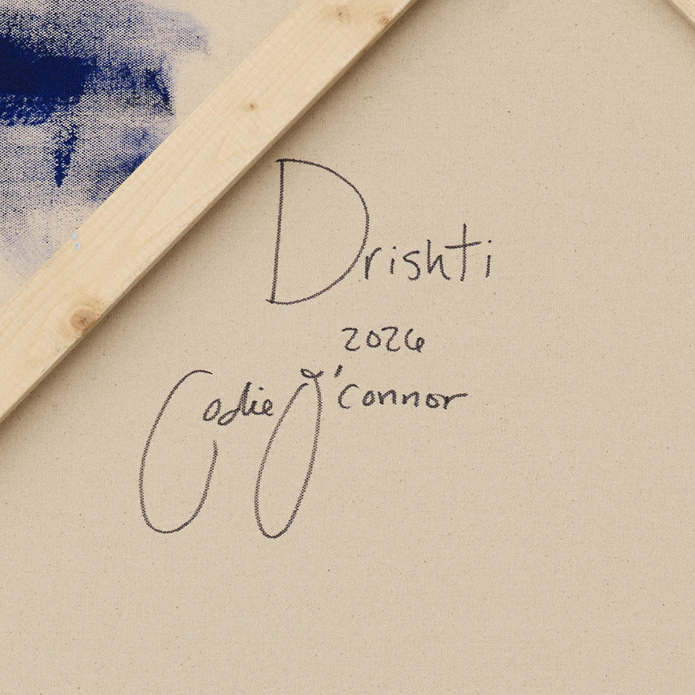 Back of a framed painting displaying the title Drishti artist name Codie OConnor and date 2026