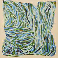 Abstract square painting titled Drishti showing layered brushstrokes of blue green and dark tones on cream canvas