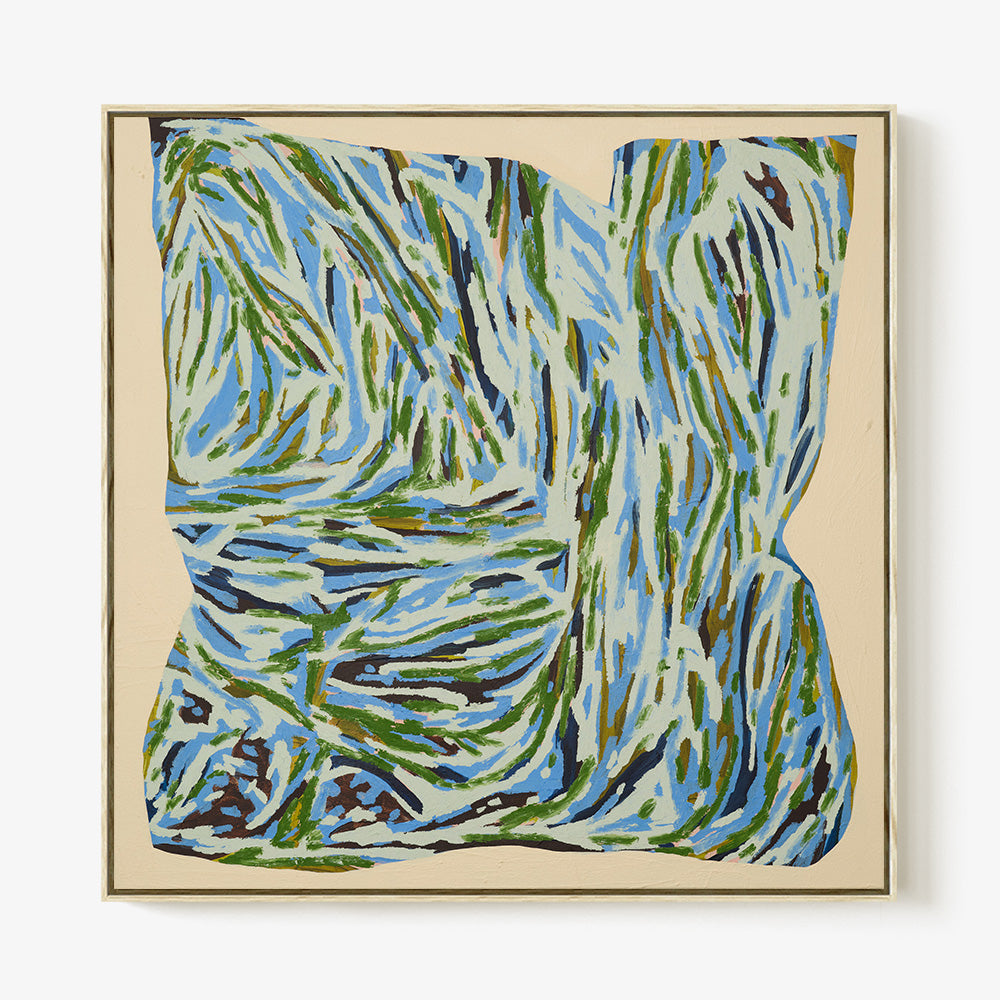 Square abstract painting featuring intricate flowing textures in varying tones of blue green and deep earth colors