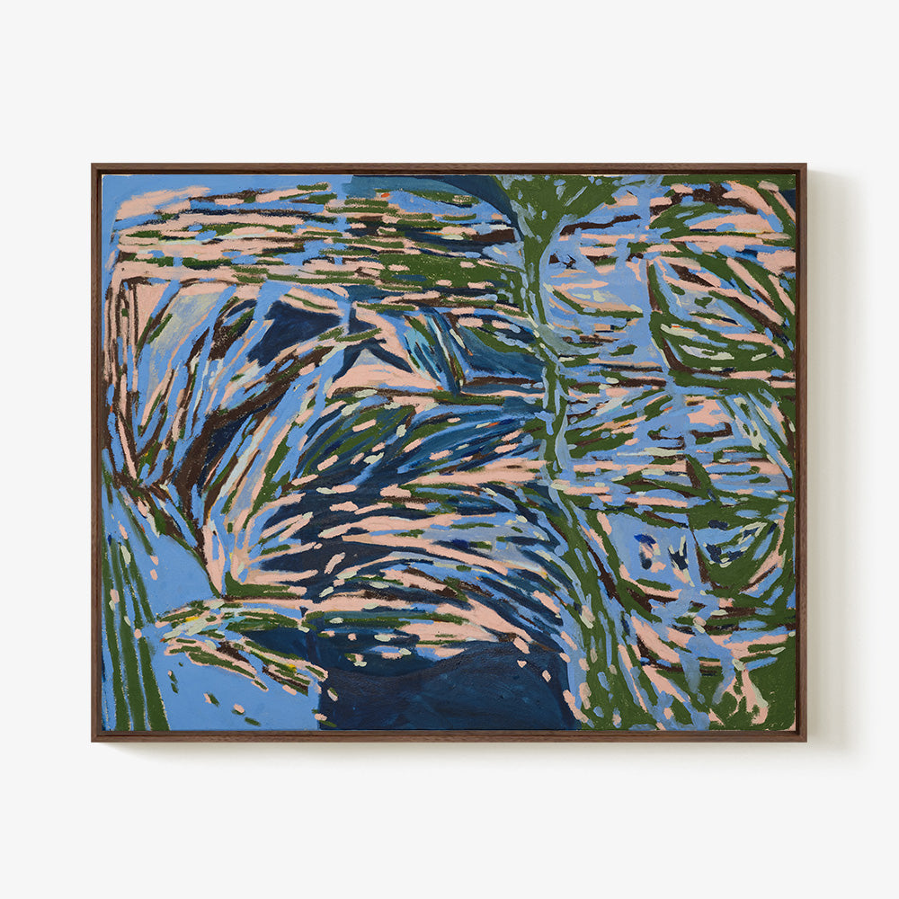 Framed rectangular painting titled Driveway Stars featuring horizontal abstract patterns in blue green and pink