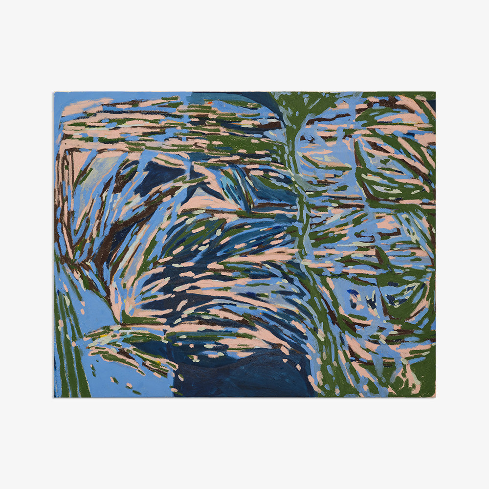Painting titled Driveway Stars showing an abstract composition of layered brushstrokes in cool and earthy tones
