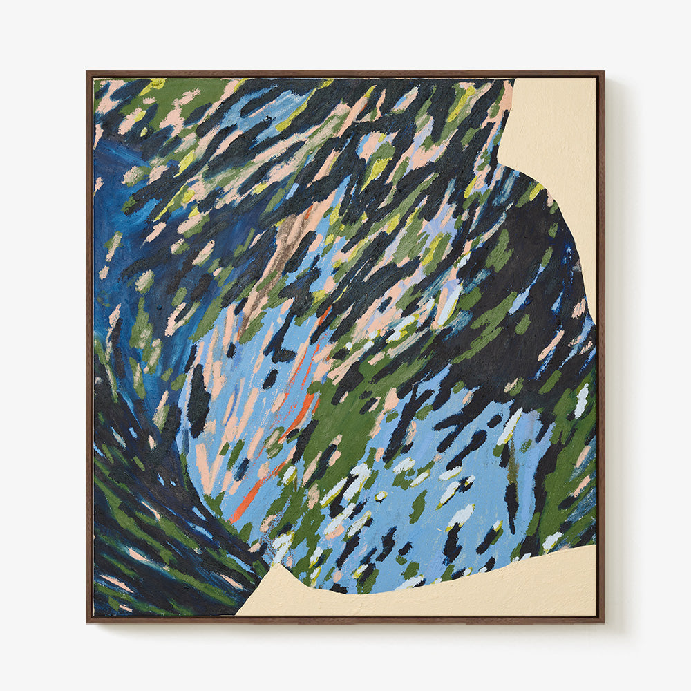 Textured painting featuring sweeping blue green and white brushstrokes encased in a simple wood frame