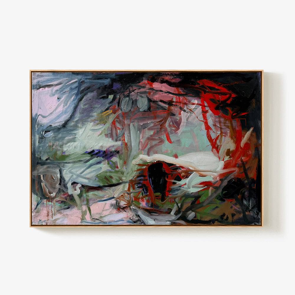 Framed abstract painting by Petra Schott featuring bold red black and muted green strokes on a white background