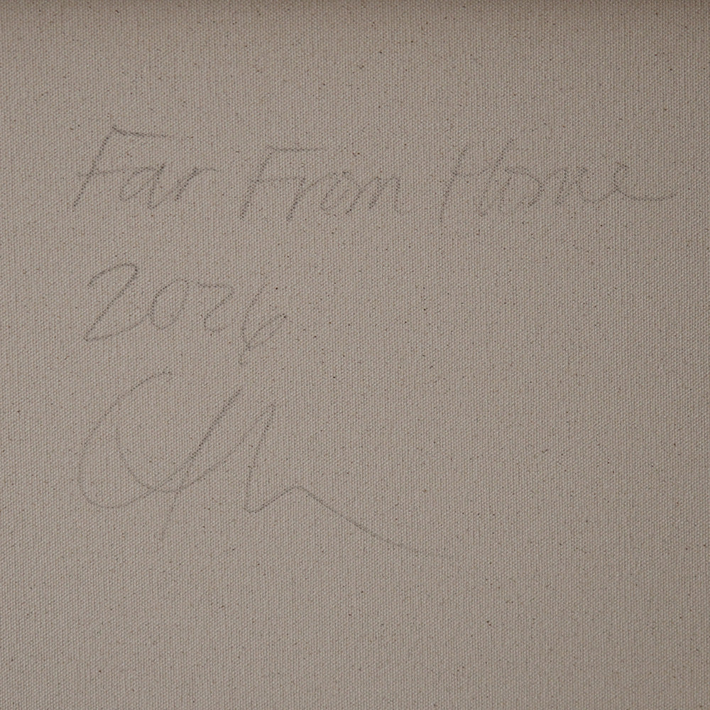 Close-up of a canvas back showing hand-written text reading Far From Home 2026 and an artist signature