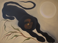 Close-up detail of a painting depicting a black panther with a human face against a muted beige moonlit background