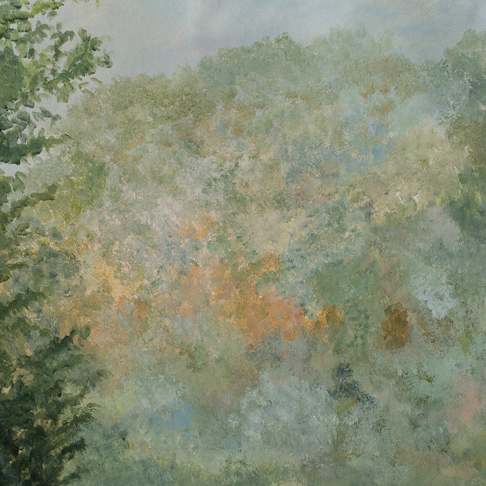 Close-up of an impressionistic painting showing a forest meadow with green orange and blue hues