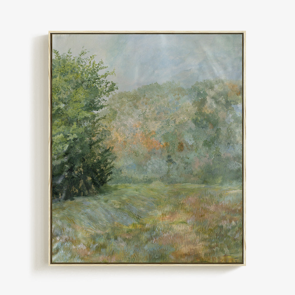Impressionistic painting of a lush green forest meadow with a gold frame