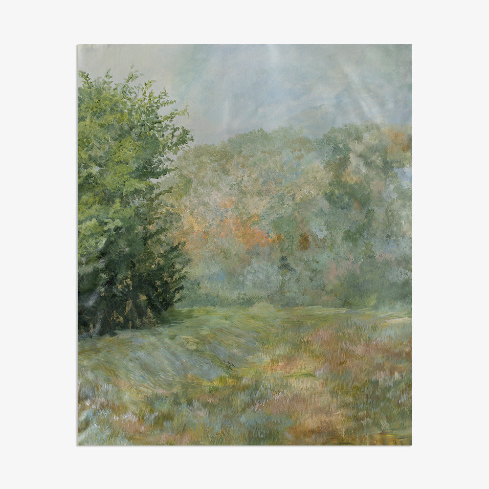 Impressionistic painting depicting a lush green forest meadow unframed