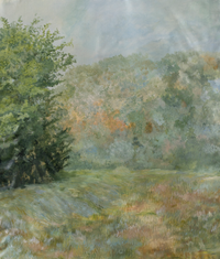 Landscape painting depicting a lush green tree beside an open grassy meadow with a cloudy sky overhead
