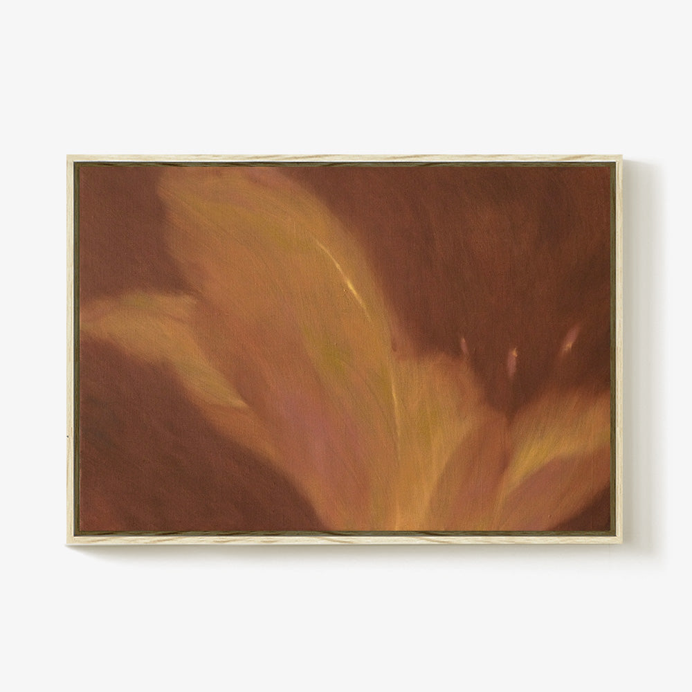 Garnet Flow painting an abstract piece in shades of warm brown golden yellow and hints of pink