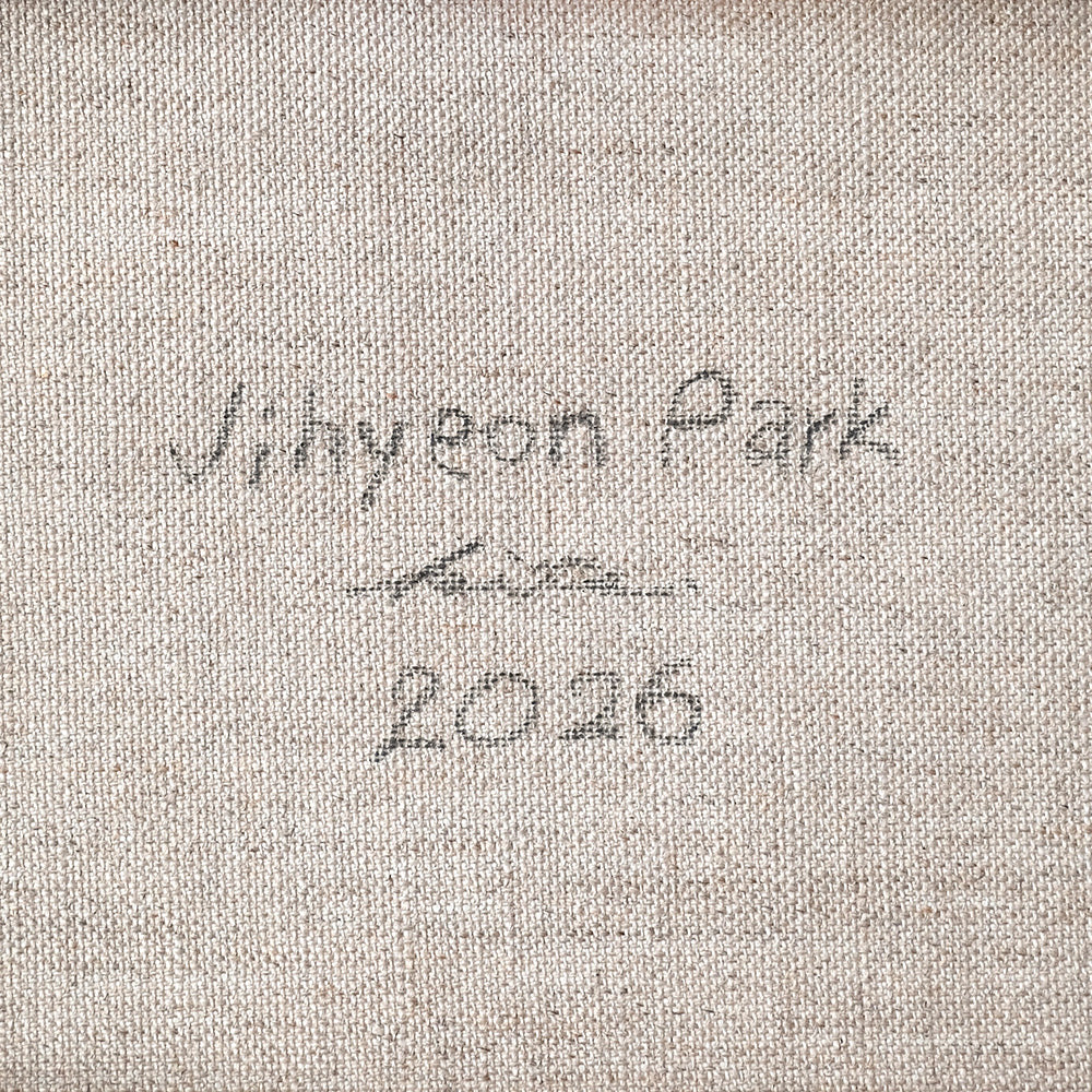Back of an oil painting on canvas featuring the artist name Jihyeon Park and the year 2026