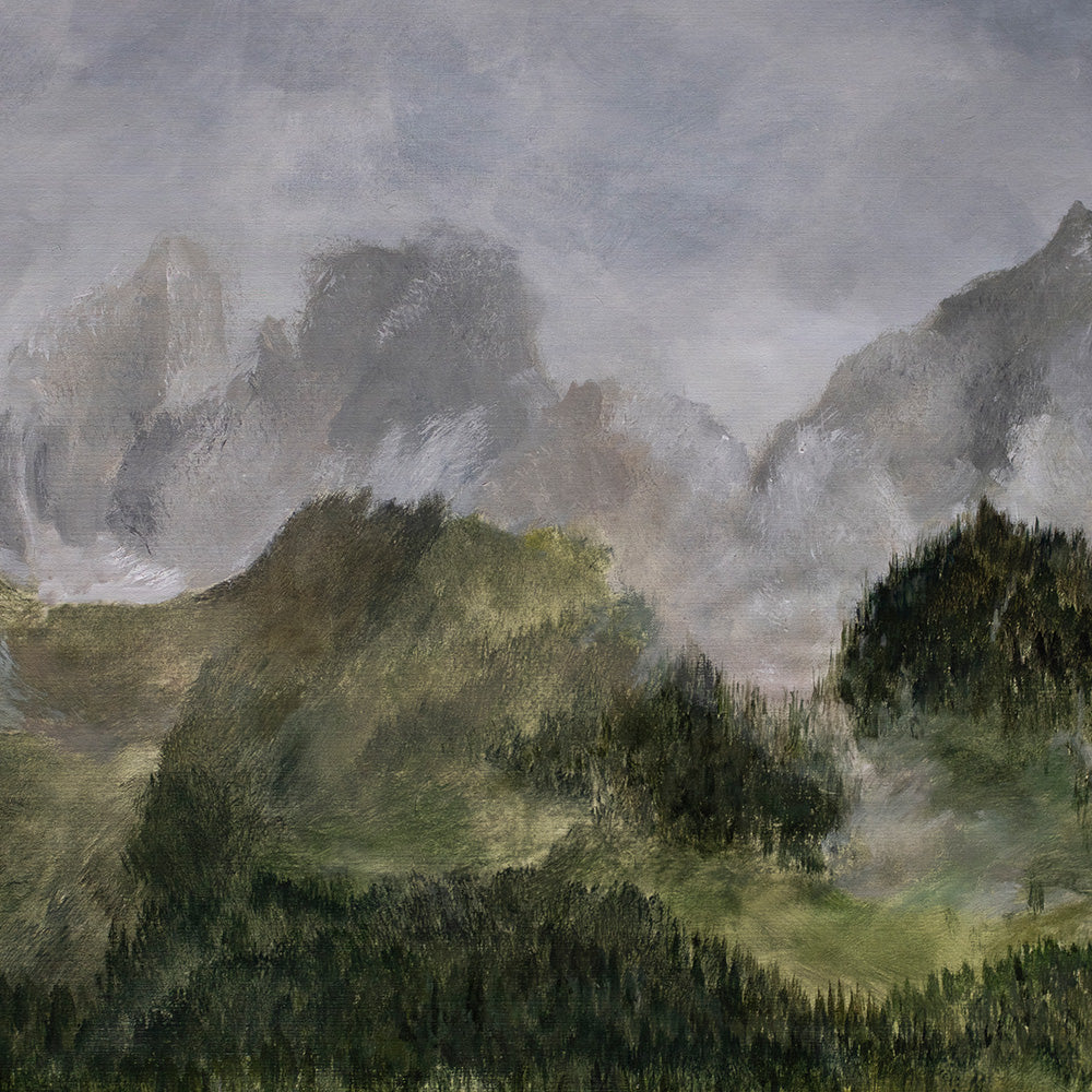 Close-up of a painting showing misty green mountains and dark green forest