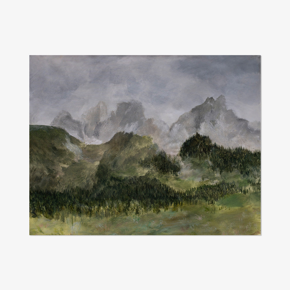 Landscape painting depicting the Grand Tetons with a misty gray sky over dark green mountains and a lighter green