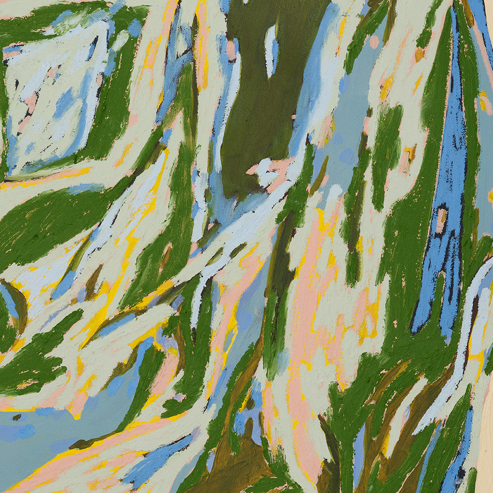 Close-up of abstract painting with dark green light blue yellow and pink brushstrokes creating a textured look