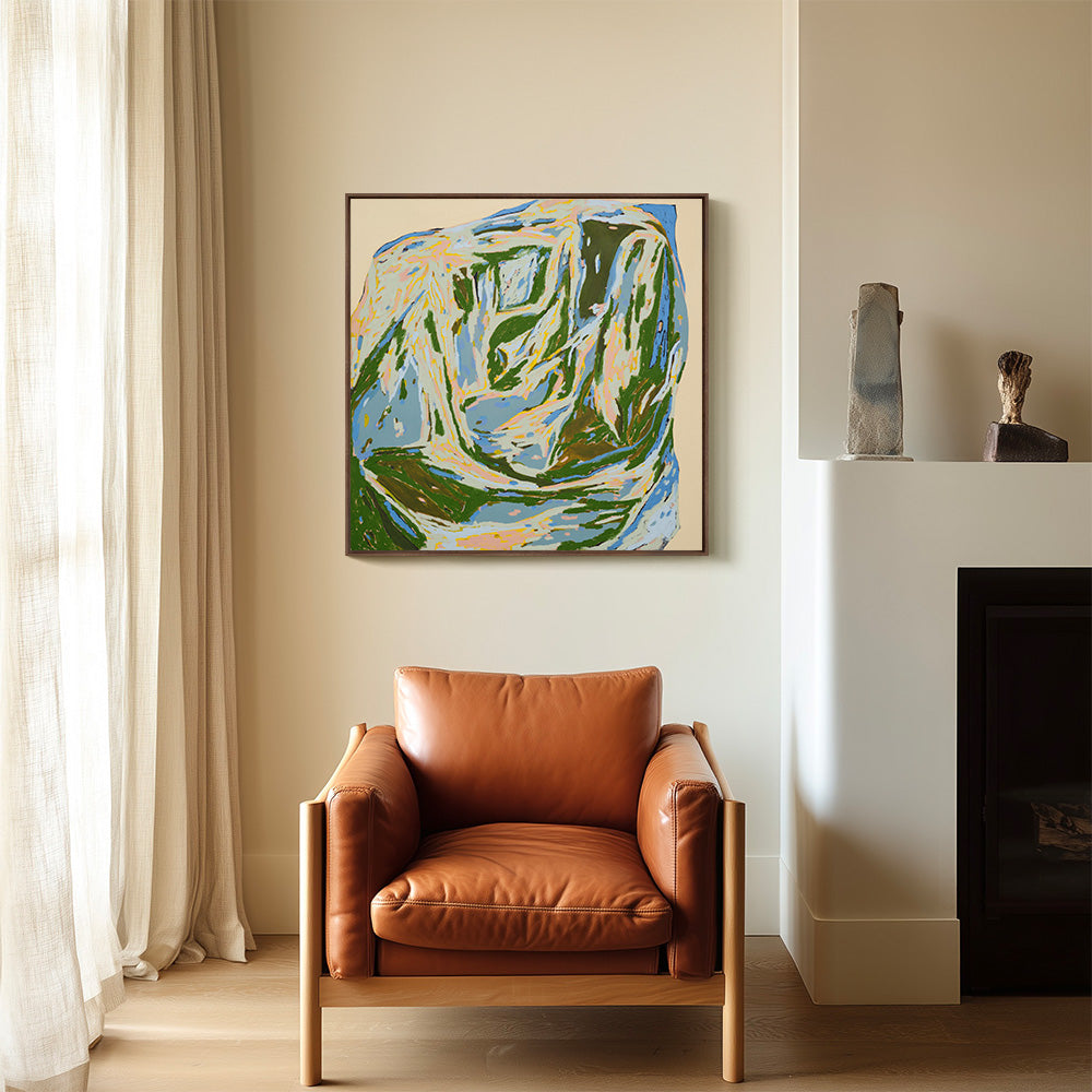 Abstract painting How Lucky by Codie OConnor hanging above a brown leather armchair in a room