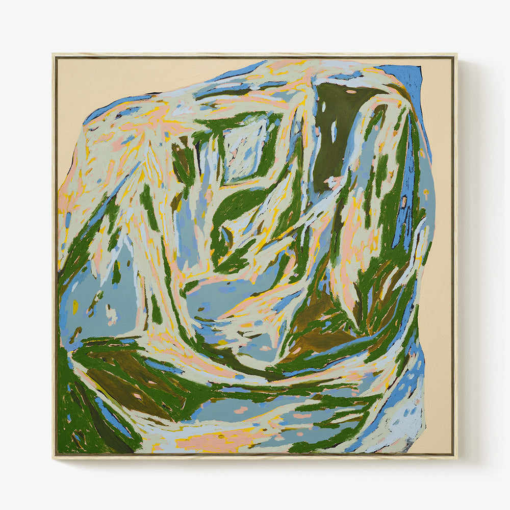 Abstract painting How Lucky by Codie OConnor with dark green light blue yellow and pink strokes on a beige canvas