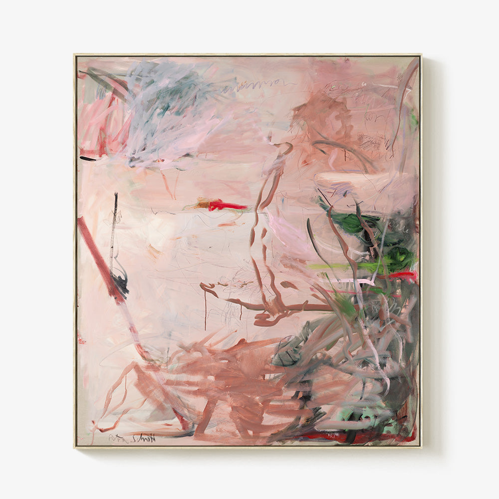 Abstract artwork with blush pink tones touches of dark green and striking red lines framed in a light wood border