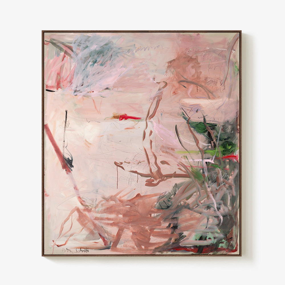 Abstract painting in soft pink and muted green tones with bold red gestural marks framed in a dark wood frame