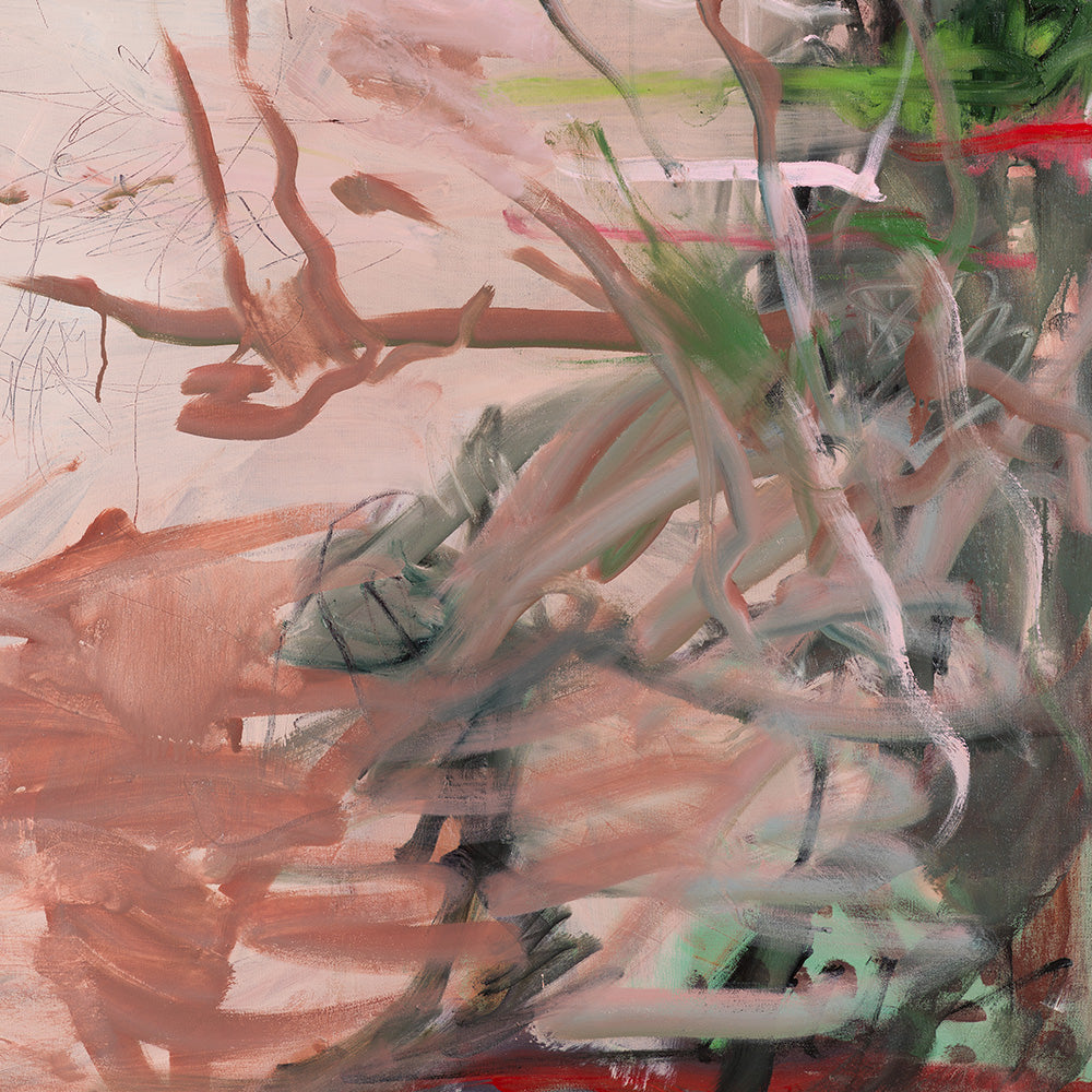 Close-up detail of an abstract painting showing layered brushstrokes in shades of pink forest green and red