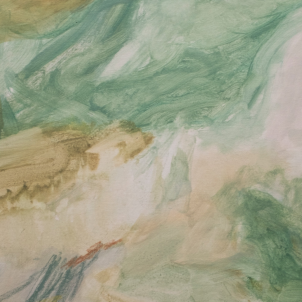 Close-up of an abstract painting with textured brushstrokes in shades of pale green beige and white