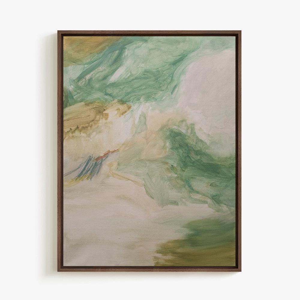 Abstract painting in a dark wood frame featuring brushstrokes of pale green beige and white colors