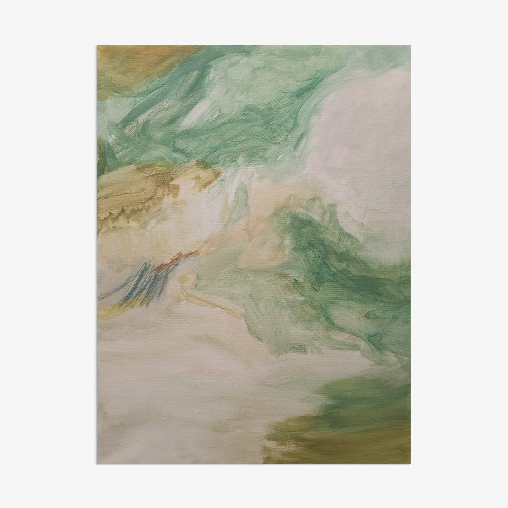 Unframed abstract painting with a blend of pale green beige and white brushstrokes
