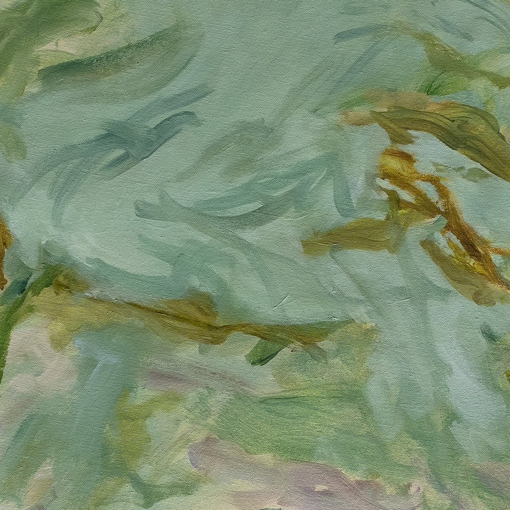 Abstract painting with broad brushstrokes of green teal and gold suggesting garden foliage