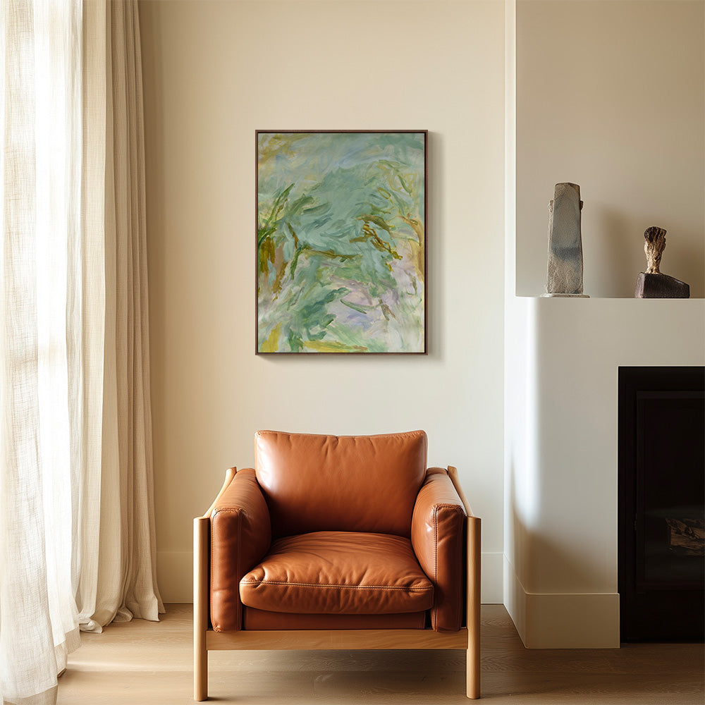 A living room with a brown leather armchair fireplace and an abstract painting in greens and yellows above the mantel