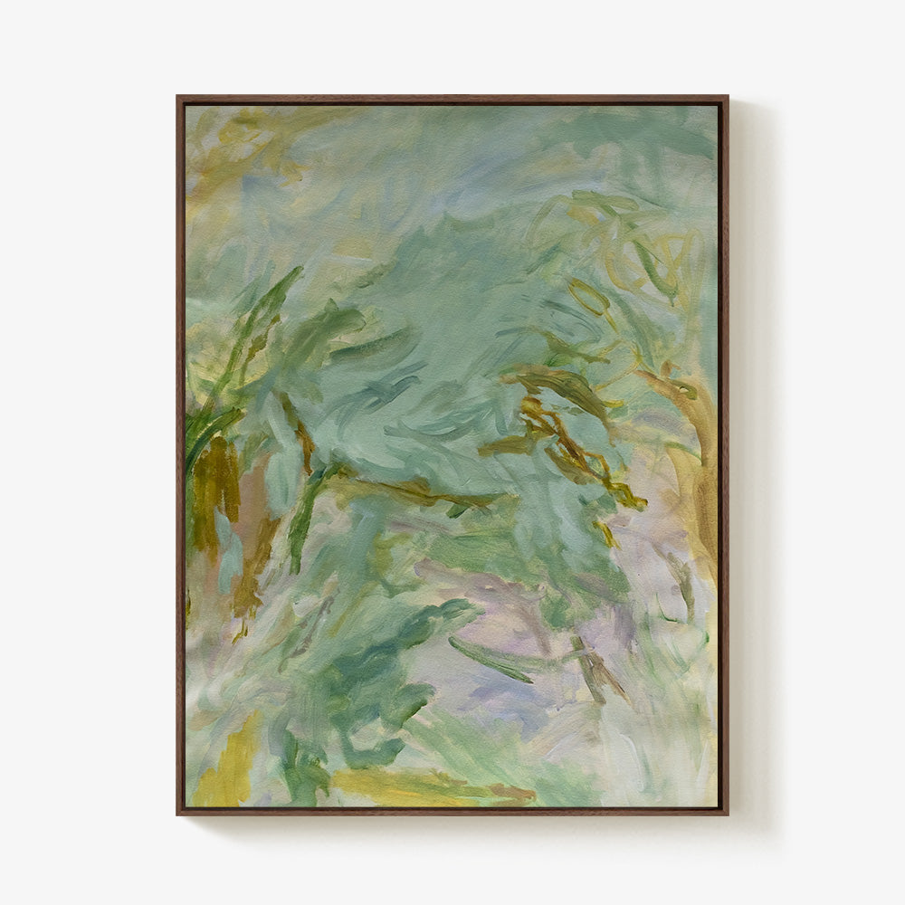 Vertical abstract painting with loose brushstrokes in light greens yellows and hints of purple framed in dark wood