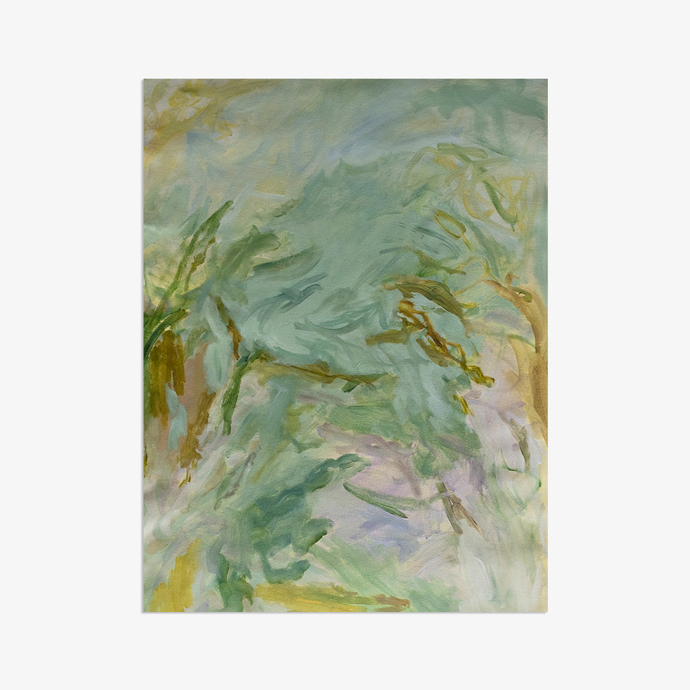 Vertical abstract painting with loose brushstrokes in light greens yellows and hints of purple unframed