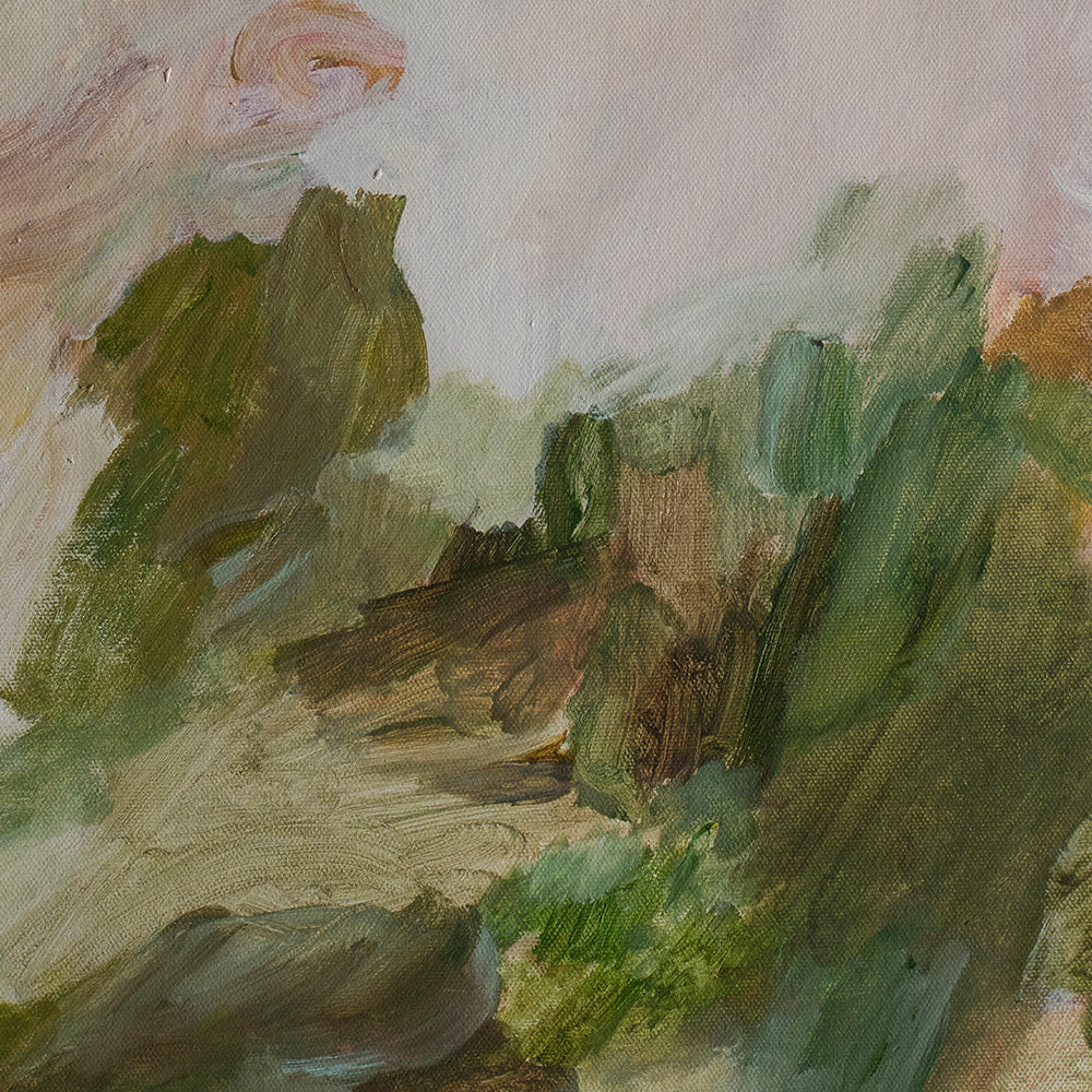 Detail of Emily Tingeys In the Garden 03 showing thick green and brown brushstrokes on canvas