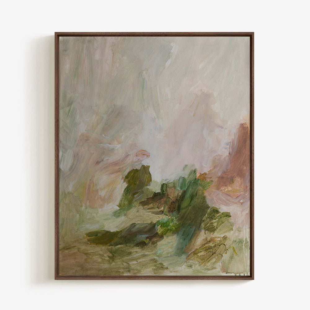 Emily Tingeys In the Garden 03 abstract painting with greens browns and faint pinks in a wooden frame