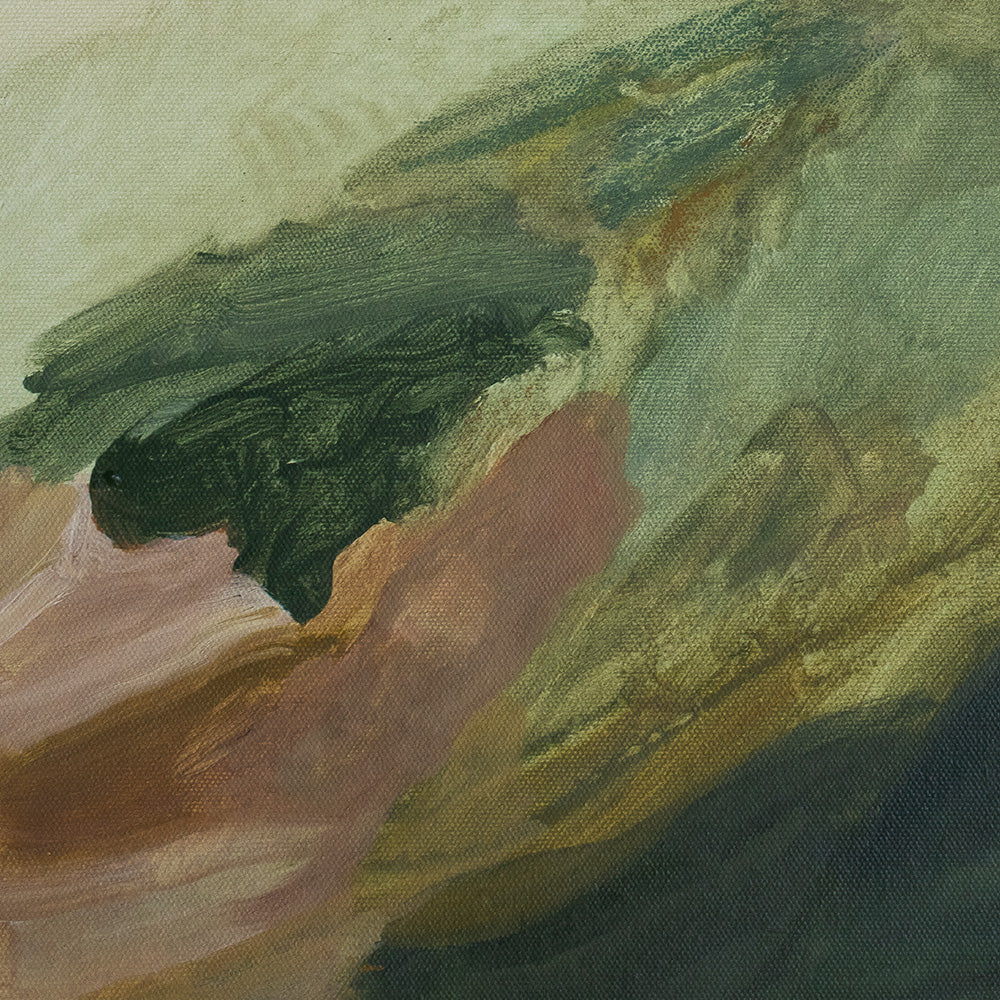 A close-up of an abstract painting with brushstrokes in shades of green brown and pink