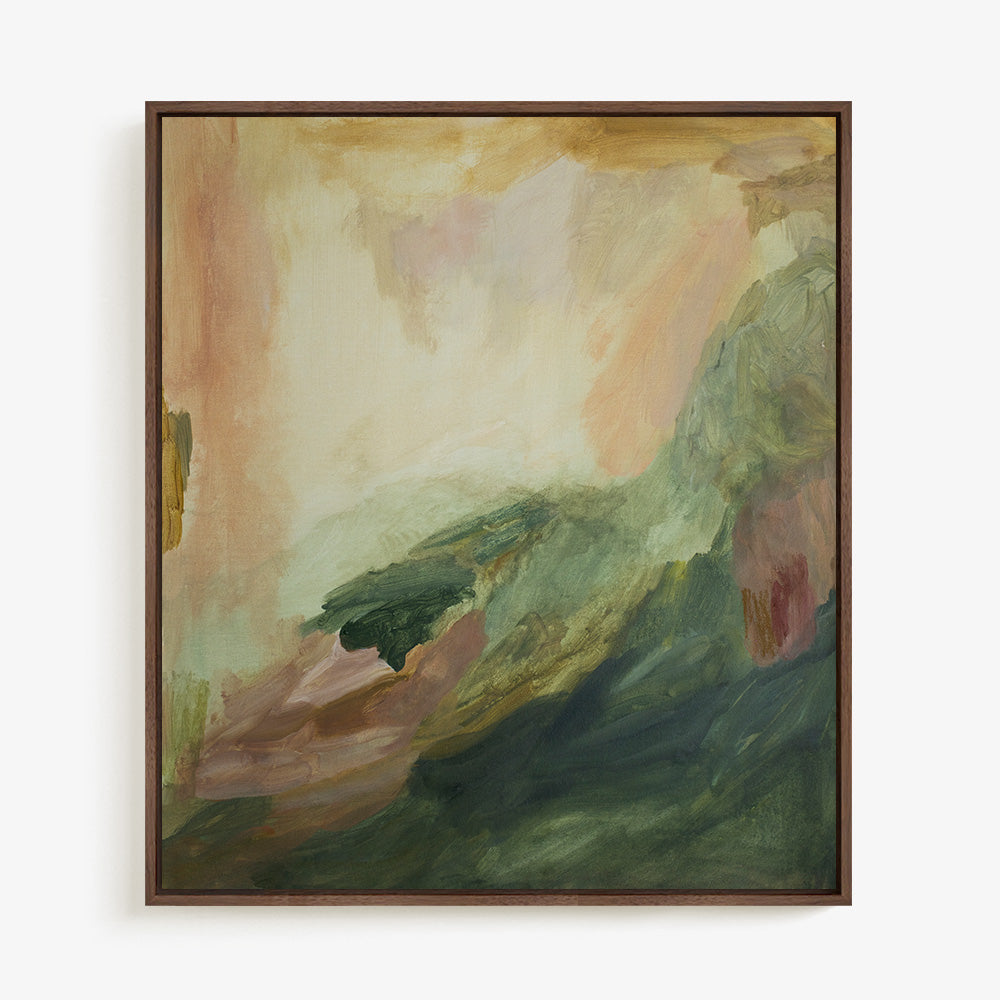 Abstract painting with shades of green pink and yellow presented in a dark wooden frame