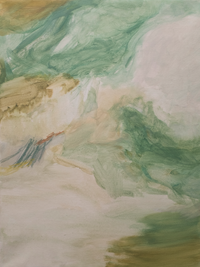 Close-up of abstract artwork showing textured brushstrokes in earthy greens tans and dusty pinks